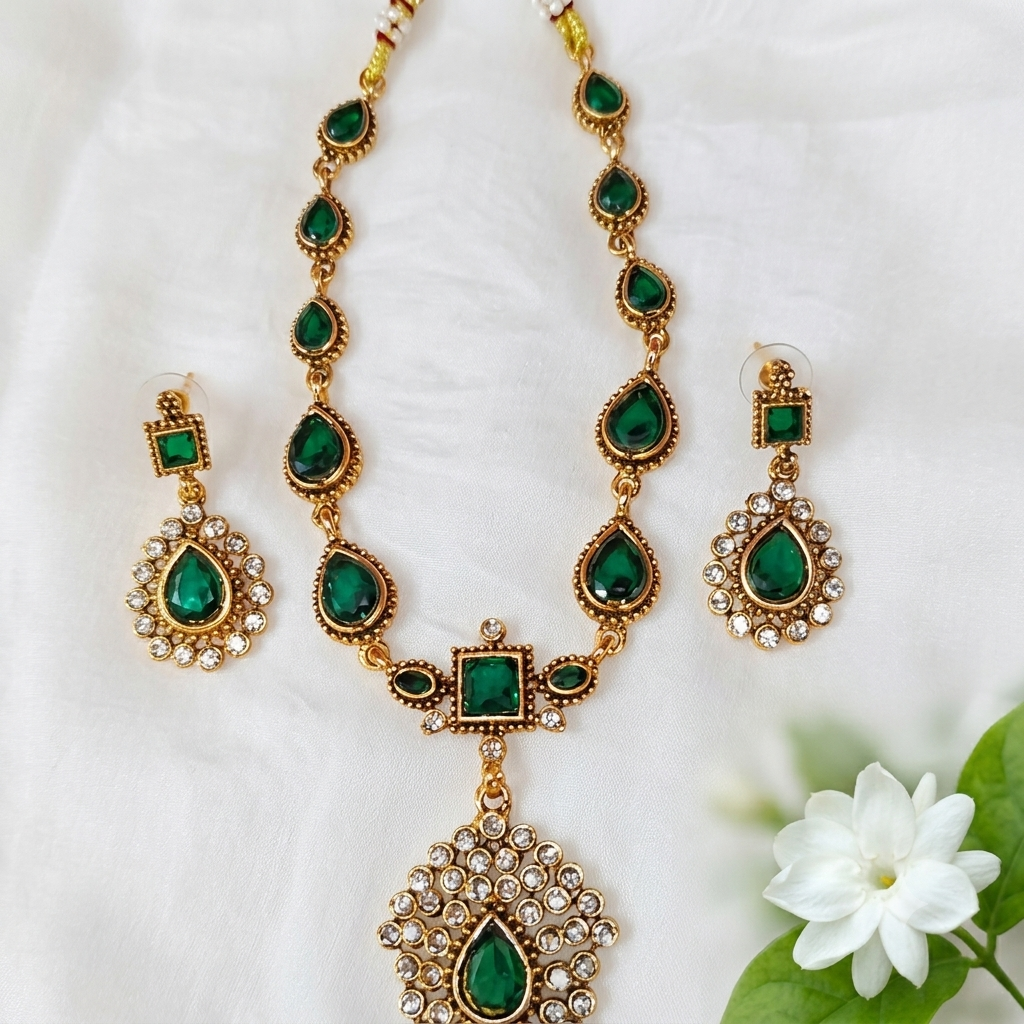 Trending green stone necklace set with Earing - Image 4
