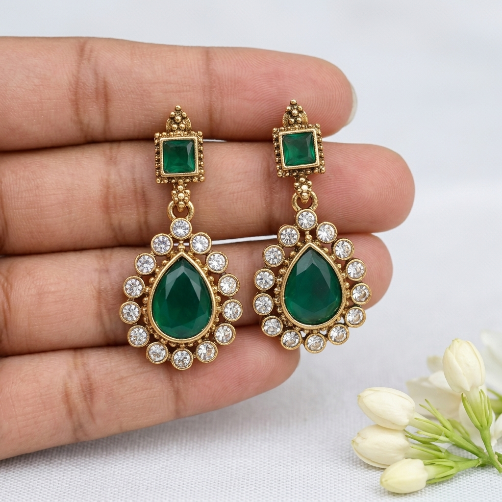 Trending green stone necklace set with Earing - Image 3